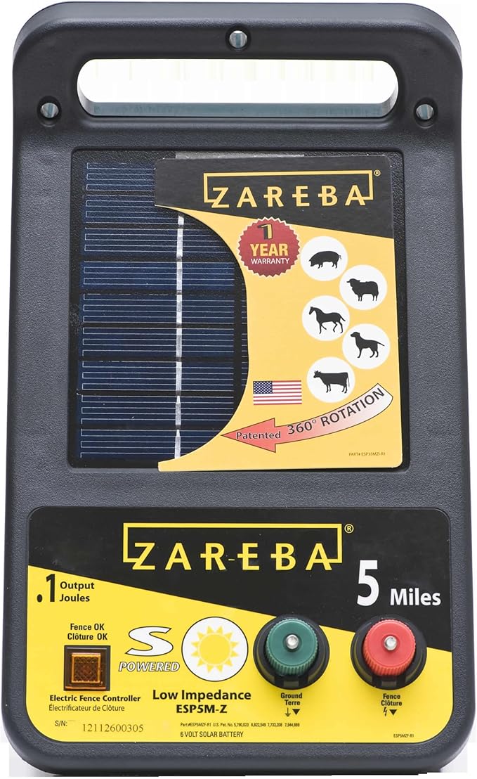 Zareba ESP5M-Z Solar Powered Electric Fence Charger - 5 Mile Lightning Electric Fence Energizer, Low Impedance, Contain Animals and Keep Out Predators, Black