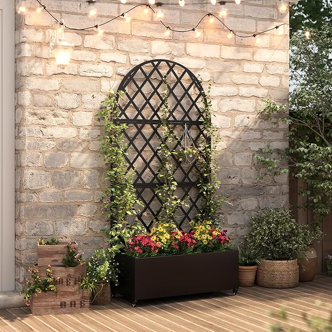 Metal Planter with Trellis& Wheels 72" x 35"x 15.7" Raised Garden Bed with Trellis,Privacy Planters for Patio,Garden Bed for Climbing Plants,Suitable for Climbing Plants and Vegetables,Black
