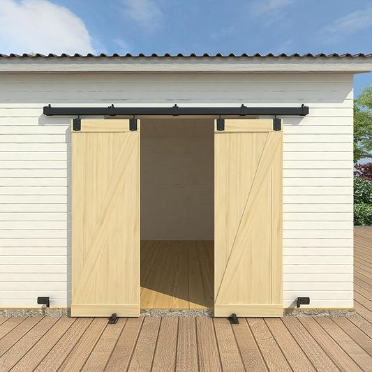 8FT Black Box Rail Exterior Barn Door Hardware Kit for 2 Doors, Sliding Heavy Duty Barn Door Track, Wall Mount Barn Door Hardware with 5 Track Brackets(Doors NOT Include)