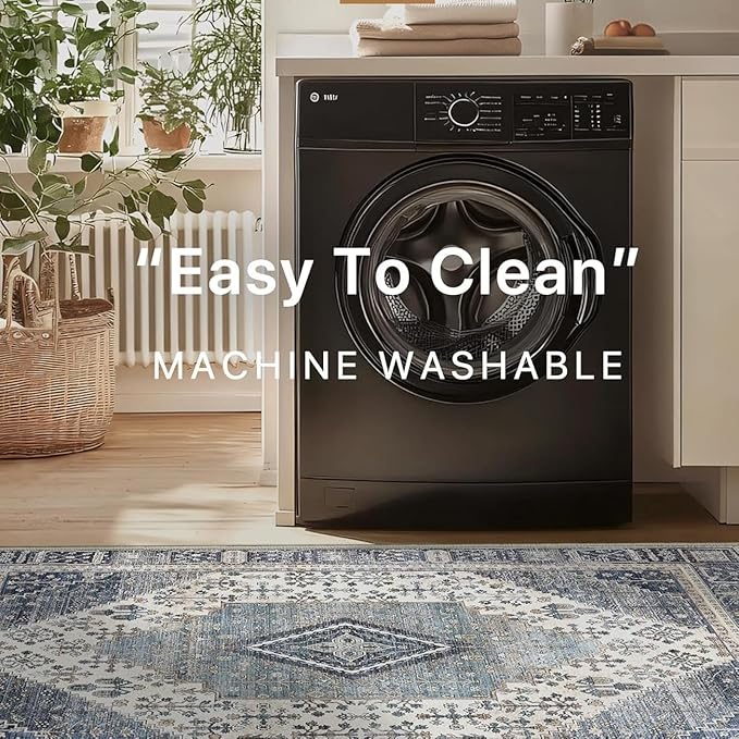 GENIMO 5X7 Area Rugs for Living Room, Machine Washable Non Slip Vintage Rugs, Low Pile Lightweight Chenille Print Rug for Bedroom, Dining Room, Home Office, Navy/Cream