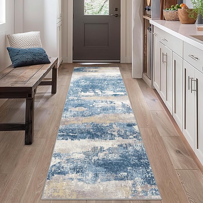 GENIMO Runner Rug 2x5 Non Slip Machine Washable Hallway Runner Rug, Low Pile Lightweight Rugs for Entryway, Hallway, Kitchen and Corridor, Blue Cream