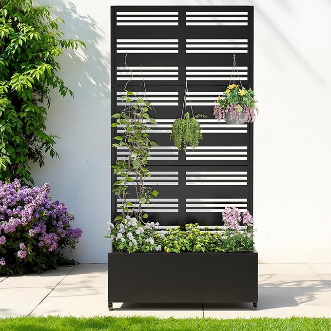 Metal Planter with Trellis& Wheels 72" x 35"x 15.7" Raised Garden Bed with Trellis,Privacy Planters for Patio,Garden Bed for Climbing Plants,Suitable for Climbing Plants and Vegetables,Black