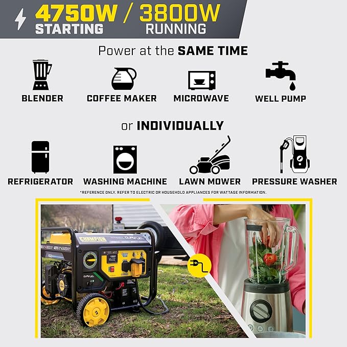 Champion Power Equipment 4750-Watt Electric Start Dual Fuel RV Ready Portable Generator with CO Shield, CARB Compliant