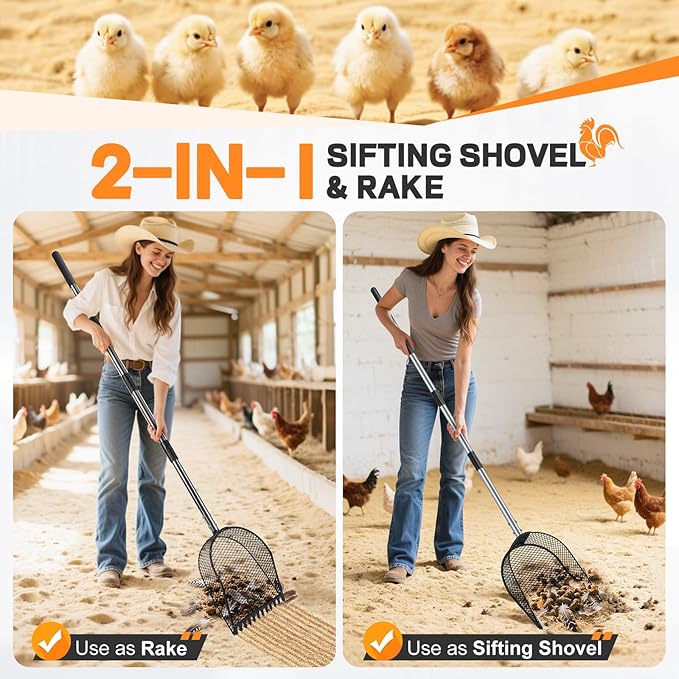 Metal Chicken Poop Scooper and Rake 2-in-1, Poop Chicken Scoop Sand with Stainless Steel Handle (43-73" Adjustable), Sifter Shovel Chicken Coop Sand Rake for Chicken Coops & Farm Animals