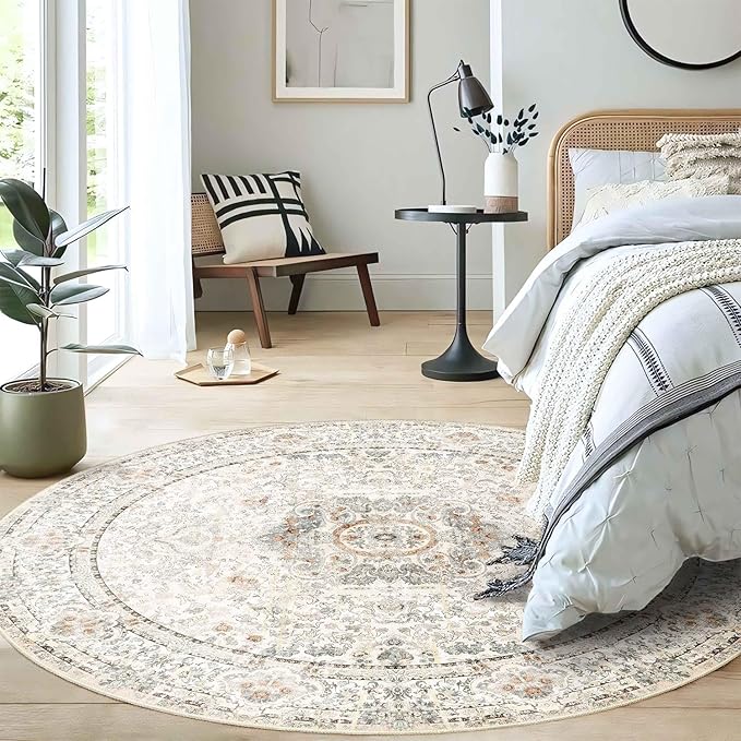 Boho Round Rug 5ft,Washable Circle Area Rugs for Bedroom Living Room,Beige Vintage Bohemian Distressed Oriental Floral Carpet Non Slip