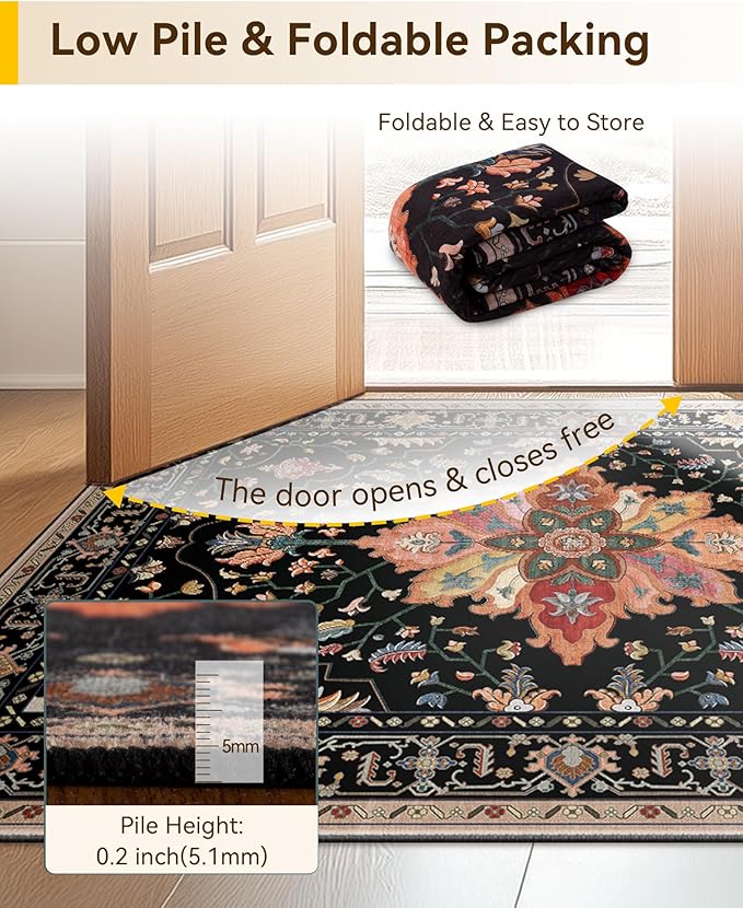 Area Rugs 9'x12' Washable Non-Slip, Floral Vintage Distress Print Pattern Medallion Carpet for Living Room Bedroom Dining Room, Black Colorful Floral Dark Tan