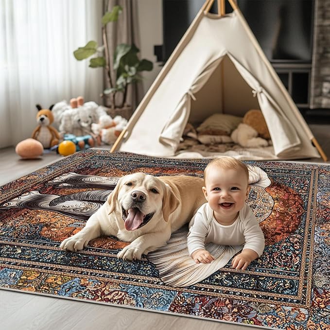 6x9 Elephant Area Rugs Boho Elephant Rug for Living Room Indoor Soft Non-Slip Thin Large Carpet Vintage Rugs for Bedroom Home Decor Under Table Washable Machine