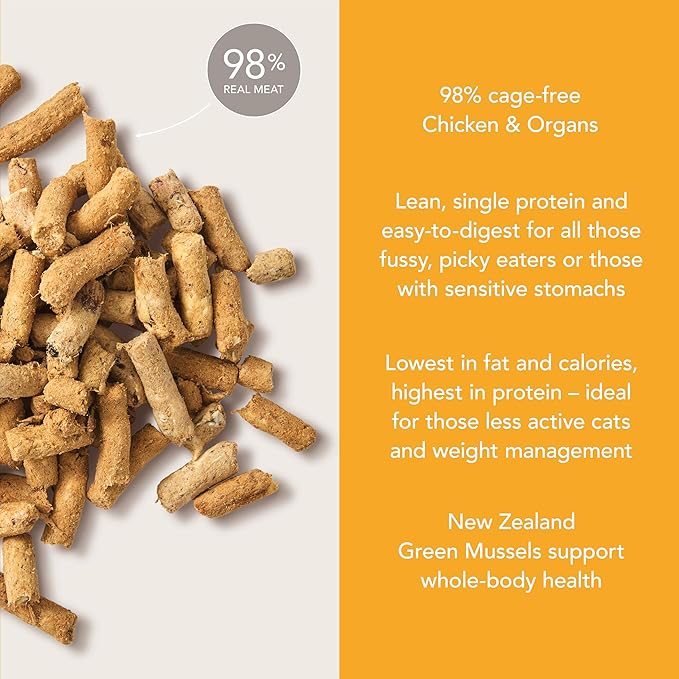Feline Natural High Protein Dry Cat Food, Freeze-Dried Diet with 98% Meat, Organs & Seafood, No Peas, Grains, or Artificial Additives, Made in New Zealand, Chicken, 11oz