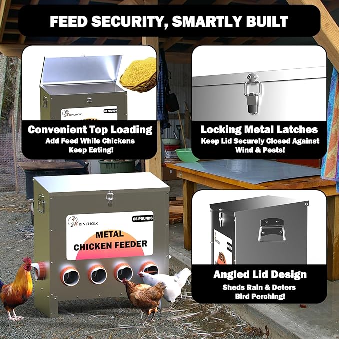 Metal Chicken Feeder Large Capacity 85lbs Automatic Metal Rat Proof Chicken Feeders No Waster Weatherproof Poultry Feeder for Chickens, Geese, Ducks, Turkeys, Quails (10-Port)