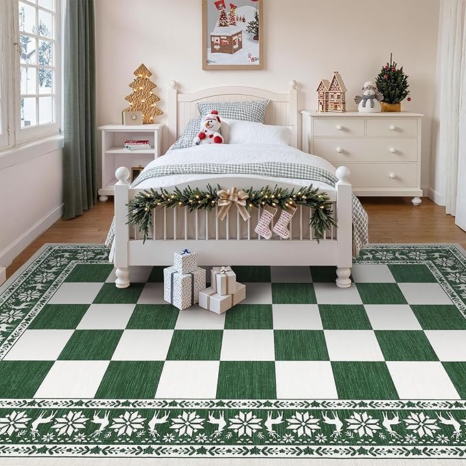 GarveeHome Green Area Rugs 9x12 Living Room, Washable Rug for Christmas Decor, Indoor Non Slip Carpet, Checkered Soft Low Pile Christmas Rug for Bedroom, Dining Room