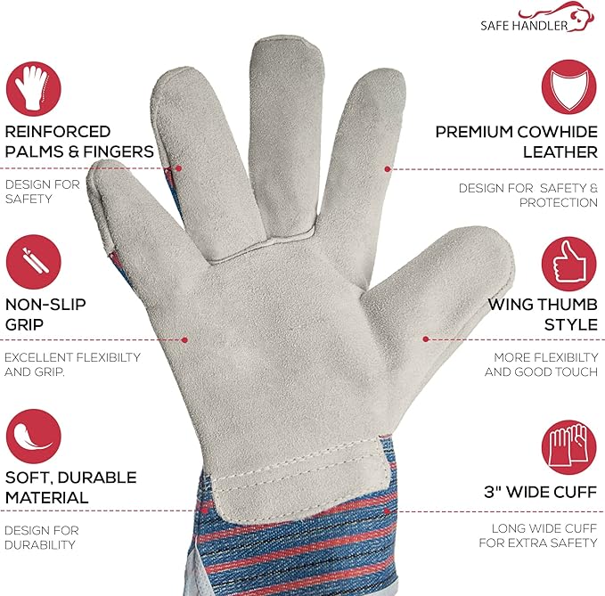 SAFE HANDLER Work Leather Gloves with Cool Cotton Lined Backing Lightweight & Versatile Split Leather Safety Cuff Work Gloves