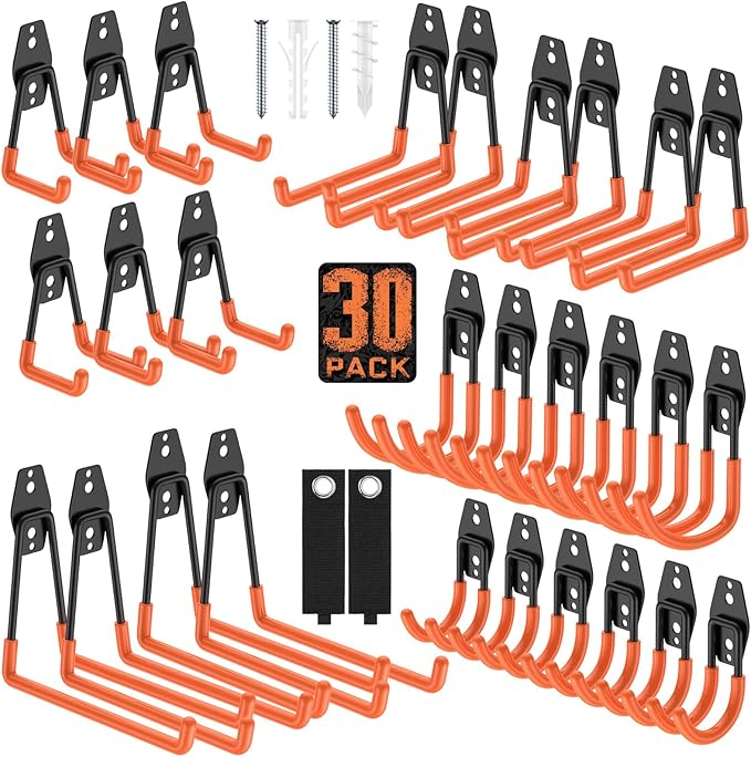 Garage Hooks with Anti-Slip Coating,Heavy Duty Wall Mount Storage Hooks for Hanging Bike,Hose,Ladder,Yard,Garden Tools (30 Pack Orange)