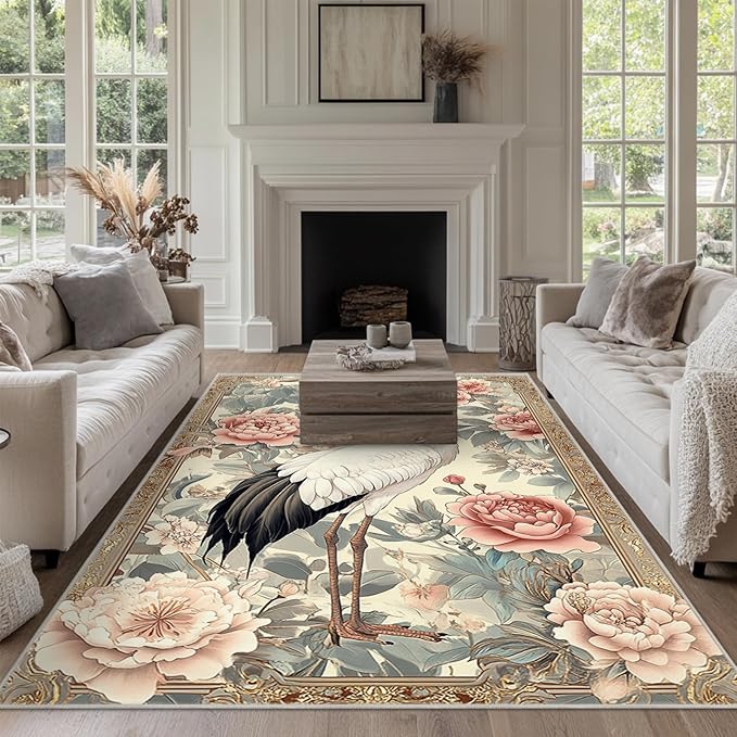 4x6 Crane Area Rugs Boho Japanese Crane Floral Rug for Living Room Indoor Soft Non-Slip Thin Large Carpet Beige Rugs for Bedroom Home Decor Under Table Washable Machine