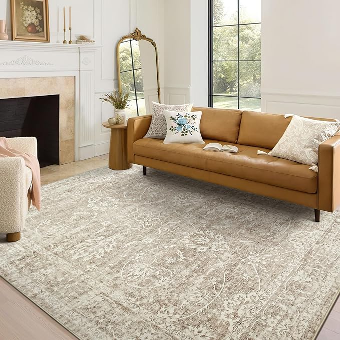 Madane 8x10 Area Rugs for Living Room, Machine Washable Vintage Rug with Non-Slip Backing, Soft Floral Print Large Throw Rugs, Thin Carpet for Bedroom Dining Room Farmhouse (8 x 10, Brown/Sand)