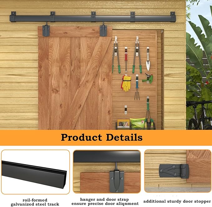 6FT Black Box Rail Exterior Barn Door Hardware Kit, Sliding Heavy Duty Barn Door Track, Wall Mount Barn Door Hardware with 5 Track Brackets(Doors NOT Include）