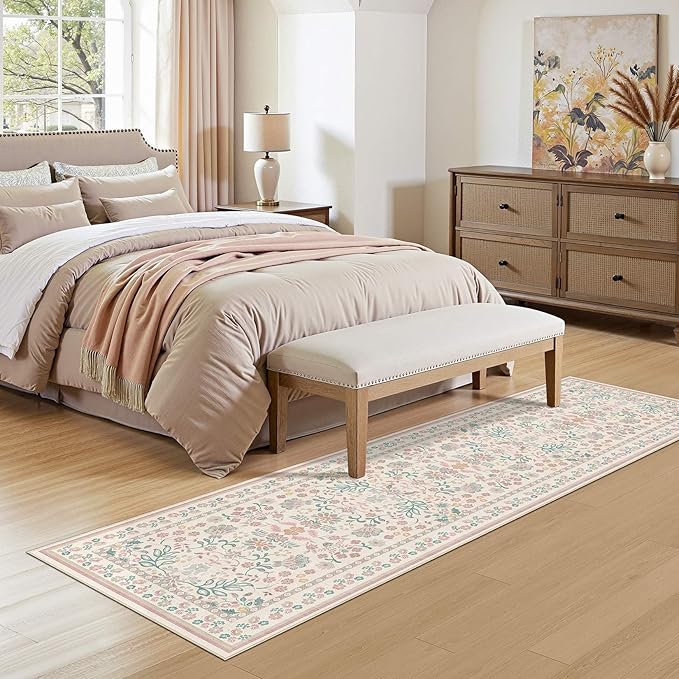 Runner Rug for Hallways Kitchen: 2x6 Washable Area Rug Boho Floral Soft Long Rug - Non-Slip Low Pile Throw Indoor Carpet for Entryway Kitchen Bedroom Laundry Bathroom - Pink