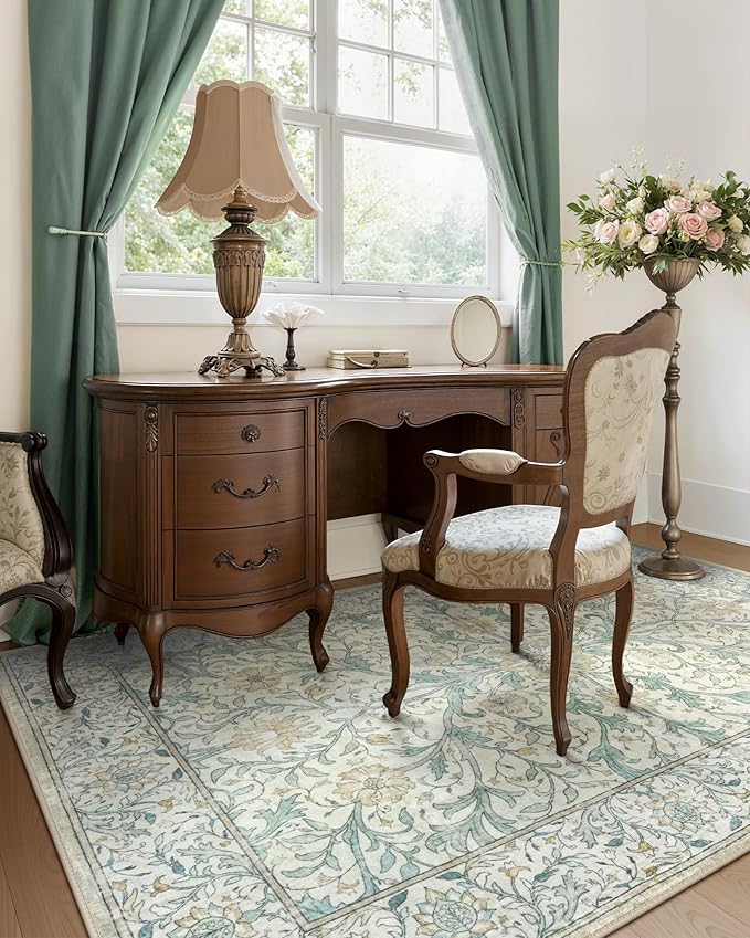 Collive 5x7 Area Rug, Washable Neutral Hand-Painted Floral Living Room Bedroom Rug, Vintage Distressed Non Slip Low Pile Throw Carpet, Soft Retro Rugs for Dining Room Office, Ivory/Light Turquoise