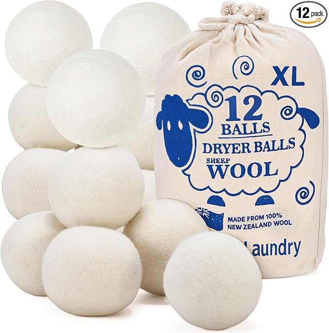 Handy Laundry Wool Dryer Balls - Natural Fabric Softener, Reusable, Reduces Clothing Wrinkles and Saves Drying Time, Better Alternative to Plastic Balls and Liquid Softener (Pack of 12)