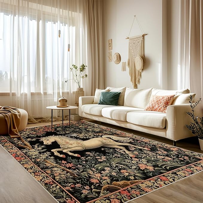 8x10 Unicorn Area Rugs Boho Floral Botanical Rug for Living Room Indoor Soft Non-Slip Thin Vintage Large Carpet Black Rugs for Bedroom Home Decor Under Table Washable Machine