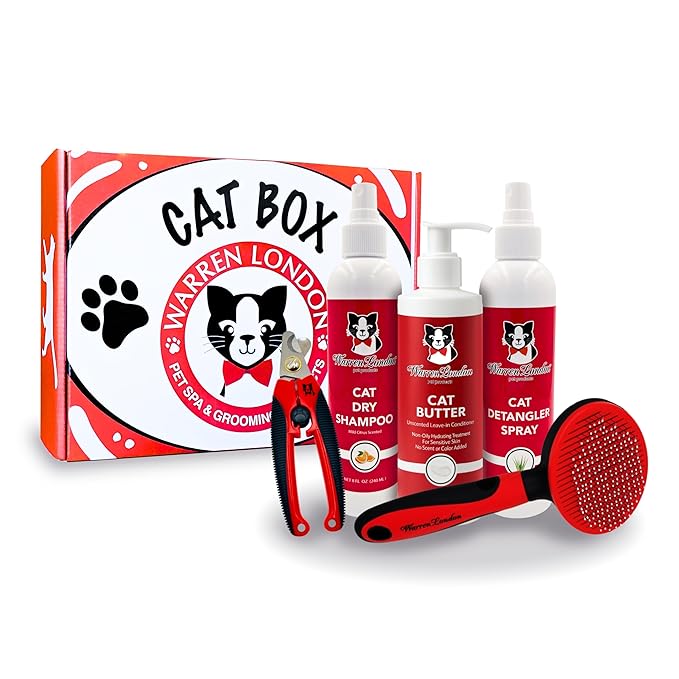 Warren London Ultimate Cat Grooming Gift Box – 5-in-1 At-Home Spa Kit with Detangler Spray, Hydrating Butter, Waterless Dry Shampoo, Self-Cleaning Pin Brush & Nail Clippers, $70 Value