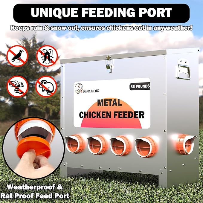 Metal Chicken Feeder Large Capacity 85lbs Automatic Metal Rat Proof Chicken Feeders No Waster Weatherproof Poultry Feeder for Chickens, Geese, Ducks, Turkeys, Quails (6-Port)