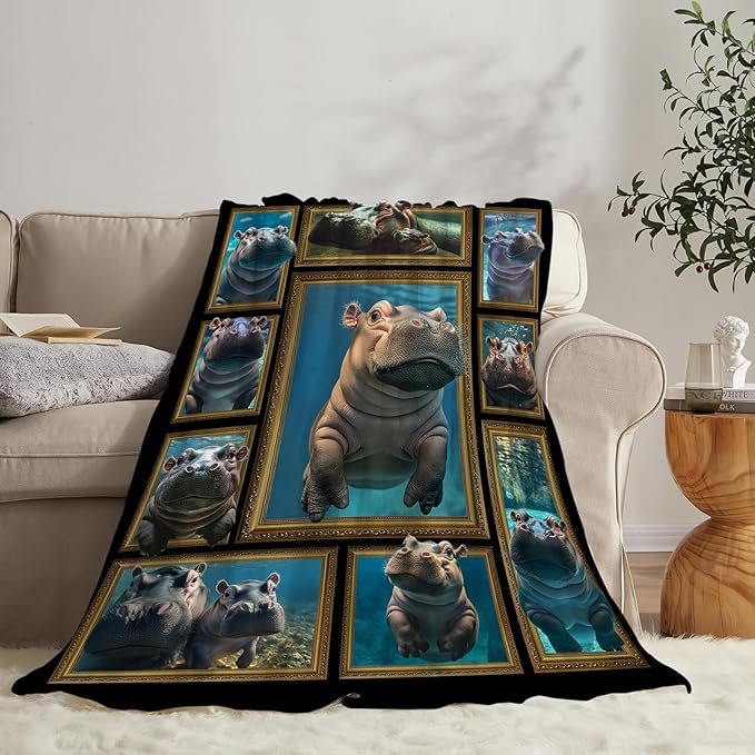 Hippo Throw Blanket Ultra Soft Cozy Cute Hippo Blanket Fleece Fuzzy Plush Hippo Lovers Decor Gifts for Women Girls Adults Couch Sofa 60"x50"