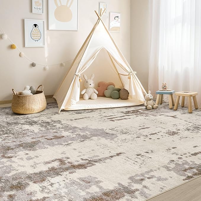 Area Rug Living Room Rugs-Washable Neutral Modern Abstract Soft Thin Large Rug Indoor Floor No Slip Rug Carpet for Bedroom Under Dining Table Home Office Decor-Brown/Grey/Beige-7'x 9'