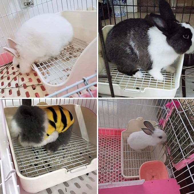 kathson Rabbit Litter Box with Grid-Small Animal Litter Pan for Cage with Automatic Water Bottle Broom- Corner Bunny Potty Training Toilet for Ferret Guinea Pig Hamster Hedgehog (White)
