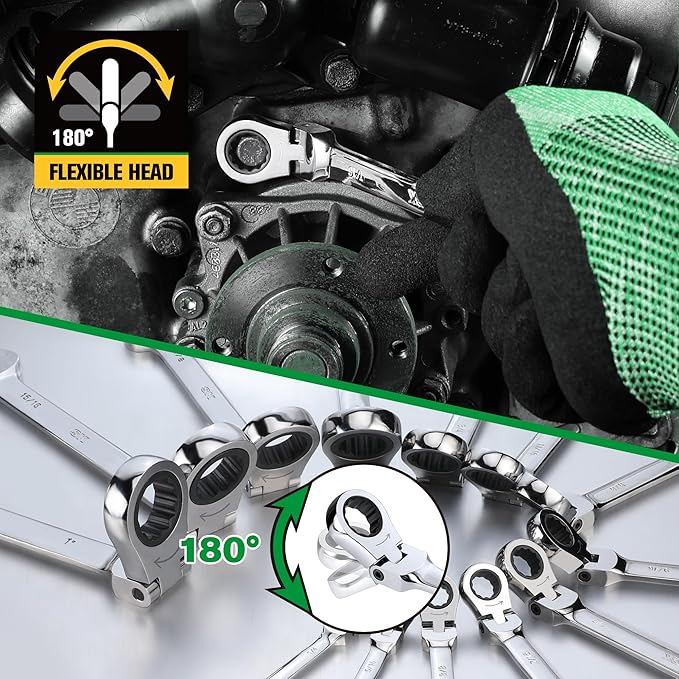 SK Flex-Head Ratcheting Wrench Set, Combination Wrench Set, 13-Piece, SAE 1/4" to 1", 72-Tooth, Premium CR-V Construction, with Rack Organizer