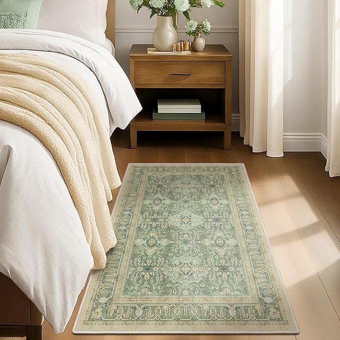 Sage Green 3x5 Entryway Rug Indoor, Boho Floral Moroccan Pattern Printed Throw Rugs for Nursery Bedroom Bedside, Low Pile Thin Non Slip Washable Area Rug for Kitchen Foyer Mudroom Dorm