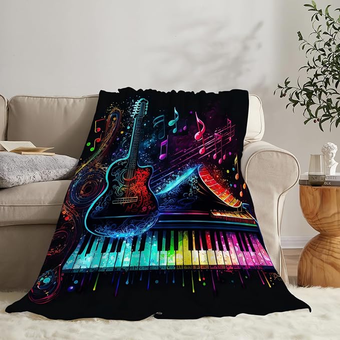 Colorful Guitar Blanket Ultra Soft Cozy Music Note Piano Throw Blanket Fleece Fuzzy Plush Bedding Rock Musical Instrument Gifts for Women Girls Kids Adults 80"x60"