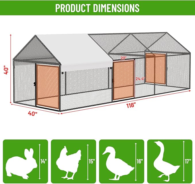 Metal Chicken Coop with Waterproof Cover, 118"x40"x40" Portable Poultry Cage, Outdoor Backyard Farm Walk-in Hen House for Chickens, Ducks, Rabbits and Small Pets