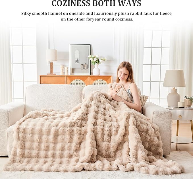 Faux Fur Throw Blanket for Couch, 1000 GSM Cozy Fuzzy Fluffy Soft Plush Thick Bubble Sherpa Blanket for Sofa Bedroom Living Room, Mothers Day Birthday Gifts for Women Home Decor