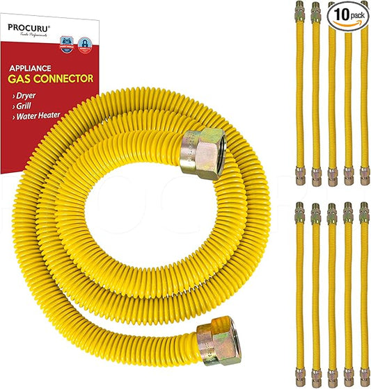 [10-Pack] PROCURU Wholesale 1/2" OD x 36" (3Ft) x 1/2"MIP x 1/2"MIP Flexible Gas Connector, SafeGuard Yellow-Coated Stainless Steel Gas Tubing for Dryer, Bbq Grill, Water Heater (Red-6G1236K-10P)