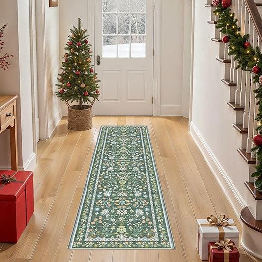 Runner Rug for Hallways Kitchen: 2x6 Washable Area Rug Boho Floral Soft Long Rug - Non-Slip Low Pile Throw Indoor Carpet for Entryway Kitchen Bedroom Laundry Bathroom - Green