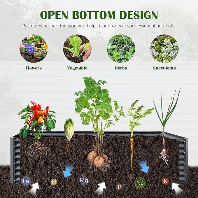 Domi 6x3x2ft Metal Raised Garden Beds Outdoor, Thickened Galvanized Steel Deep Root Planter Box with Stabilizing Bars & Rubber Edging for Vegetables, Flowers, Herbs - Dark Gray