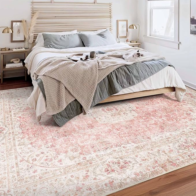 6x9 Area Rugs Washable,Pink Rug for Living Room Bedroom Kitchen,Large Boho Vintage Bohemian Distressed Carpet Non Slip,Blush