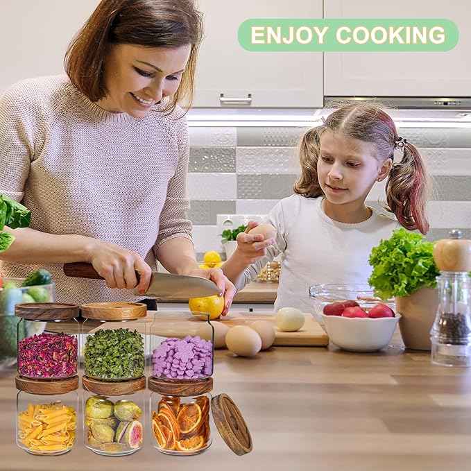 Small Glass Jars with Labels Spice Jar Round Storage Canister with Wooden Lid Clear Glass Food Jar for Pantry Sugar Tea Coffee Bean Spice Nuts Cookies Bath Salts (6 * 420ml(14oz))