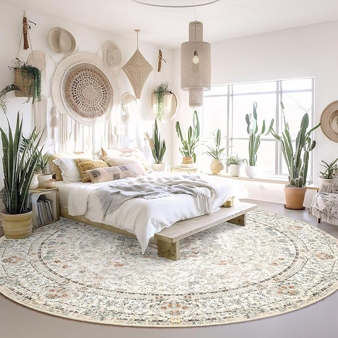 Round Rug 9ft,Large Boho Circle Area Rugs for Bedroom Living Room,Beige Washable Vintage Bohemian Distressed Oriental Floral Carpet Non Slip