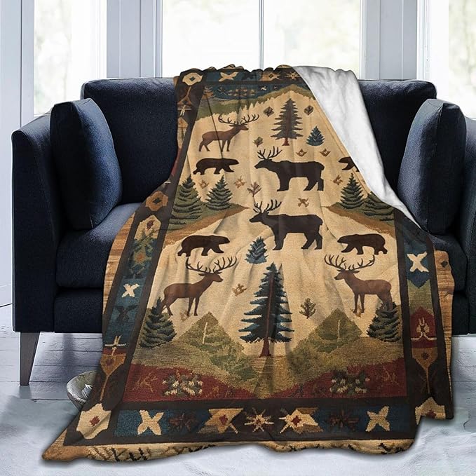 Dynova Cabin Throw Blanket Cozy Plush Retro Rustic Lodge Throw Blankets Bear Deer Decor Fuzzy Flannel Fleece for Girls Boys Women Men 80"X60"