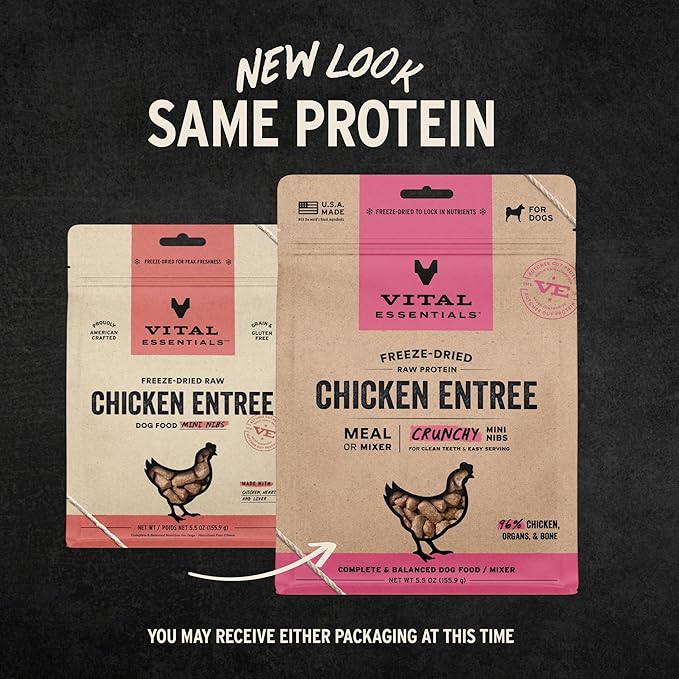 Vital Essentials Freeze-Dried Raw Chicken Crunchy Mini Nibs | Complete Meal or Mixer Dog Food | 5.5 oz