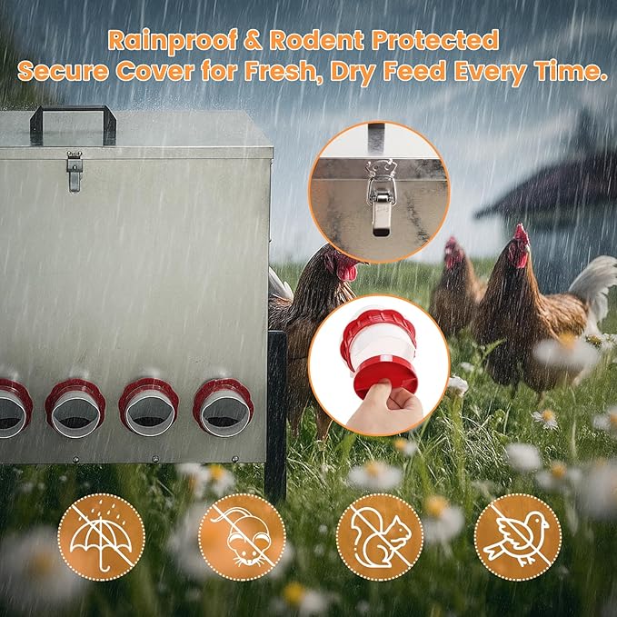 100LB Automatic Chicken Feeder with Cover – Large Capacity Metal Chicken Coop Feeder with 12 Feed Ports, Adjustable Legs Rainproof No Waste Outdoor Poultry Feeder for Hens & Free Range Flocks