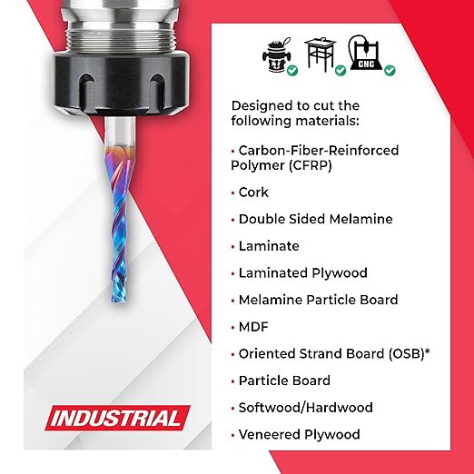 Amana Tool Spektra Extreme Tool Life Solid Carbide CNC Compression Spiral Router Bit 46176-K, 1/8 D x 13/16 CH x 1/4 Shank x 2-1/2 Inch Long