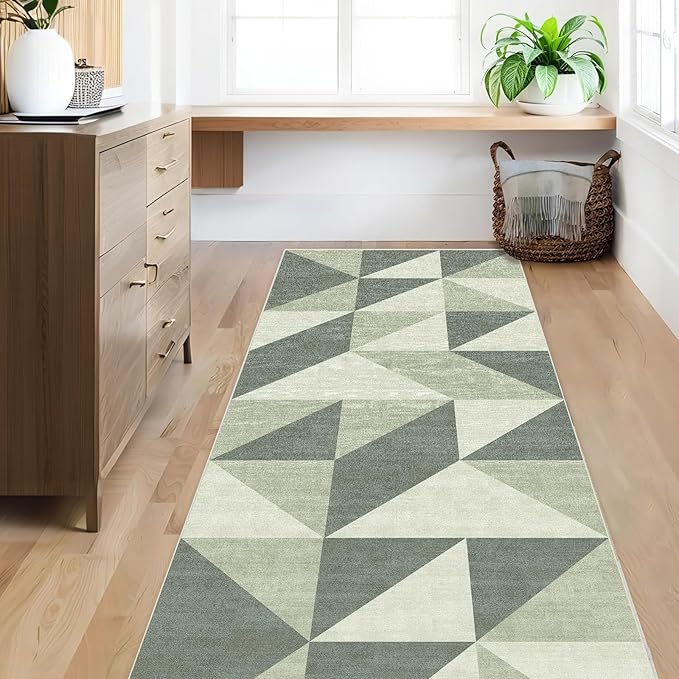 Green Washable Runner for Hallway Bedroom 2x6 Modern Abstract Geometric Non Slip Rug Low Pile Indoor Floor