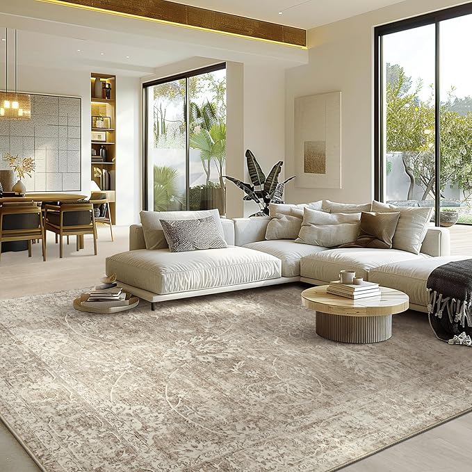 Madane Washable 6x9 Area Rugs for Living Room, Vintage Natural Rug with Non-Slip Backing, Soft Stain Resistant Throw Rugs Thin Carpet for Bedroom Dining Room Farmhouse (6 x 9, Brown/Sand)
