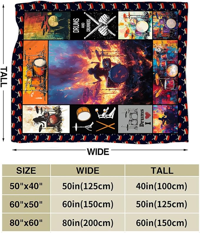 Music Blanket, Drums Set Throw Blanket, Rock Music Gifts Blankets Stuff Fleece Flannel Plush for Drummer Men Boys Girls Women Lovers Adults Soft Bedding Gift for Sofa Bed Office Home Decor 40"X50"