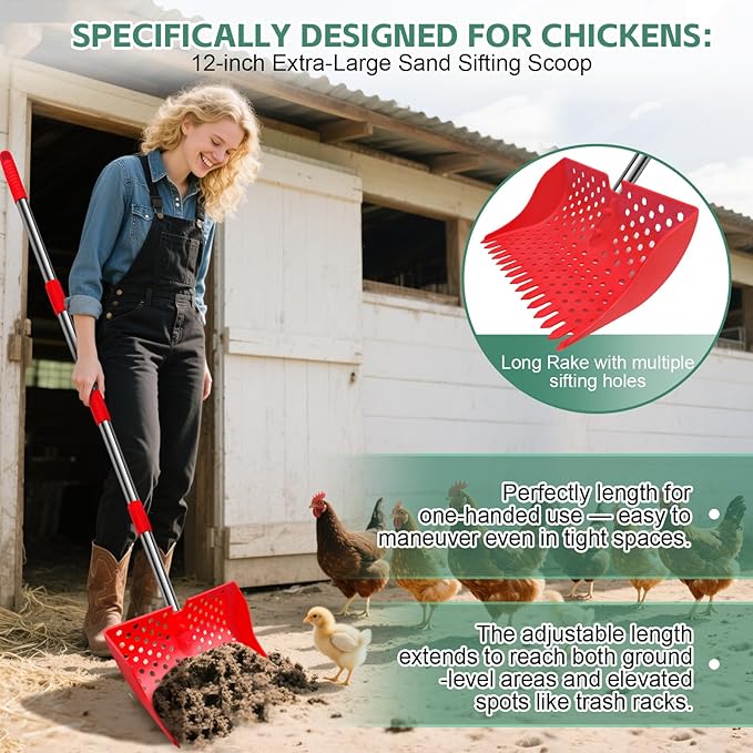 US Patent Pending 12-Inch 2-in-1 Chicken Poop Scooper & Rake,3-Shape Sifting Holes Chicken Coop Rake，Stainless Steel Handle （20–61"）– Litter Scooper & Sand Sifting Shovel for Chicken Coops （Red）