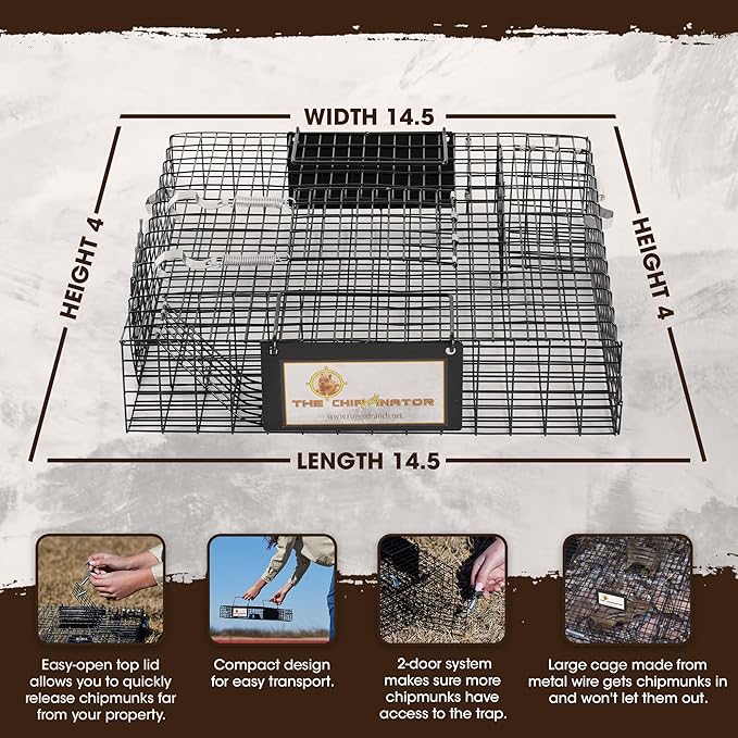 Rugged Ranch Single Chipmunkinator Multi‑Catch Chipmunk Trap, Wire Cage, 14.5"x4"x 4.5" - Live Catch‑and‑Release, 2‑Door Humane Rodent Control, No‑Poison Outdoor Use