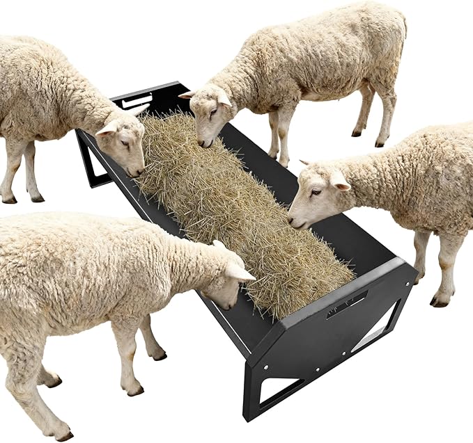 GarveeLife Livestock Feeding Trough, Heavy Duty Steel Livestock Trough for 10 Sheep Once, 22 Gallon Capacity 45.13" Hay Feeder for Horse, Goat, Sheep, Cattle, Cow, Alpaca, Black