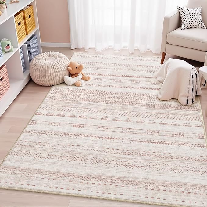 4x6 Pink Area Rugs for Living Room Machine Washable Rug Distressed Girls Nursery Rug Indoor Carpet Neutral Moroccan Boho Ultra Soft Area Rug for Bedroom Dining Room Playroom Office